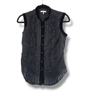 Metro7 Black Sleeveless Shirt Small Button Down‎ Top Velvet Trim Ruffle Detail
